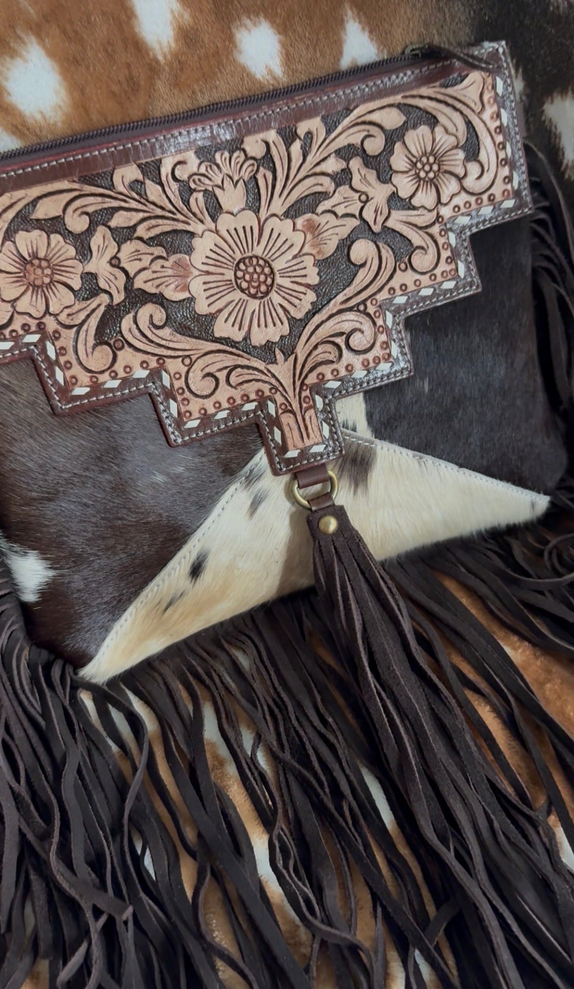 Coffee Brown Tooled Leather Cowhide Crossbody Bag