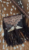 Coffee Brown Tooled Leather Cowhide Crossbody Bag