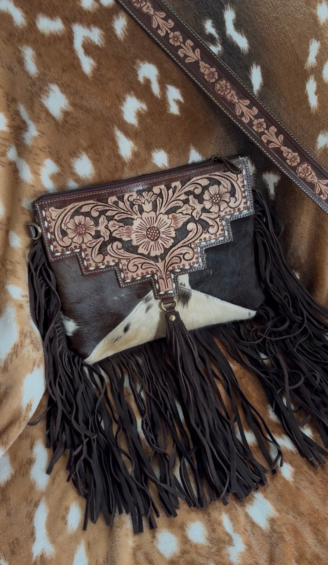 Coffee Brown Tooled Leather Cowhide Crossbody Bag