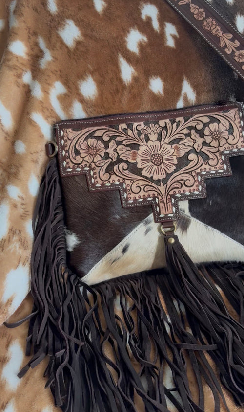 Coffee Brown Tooled Leather Cowhide Crossbody Bag